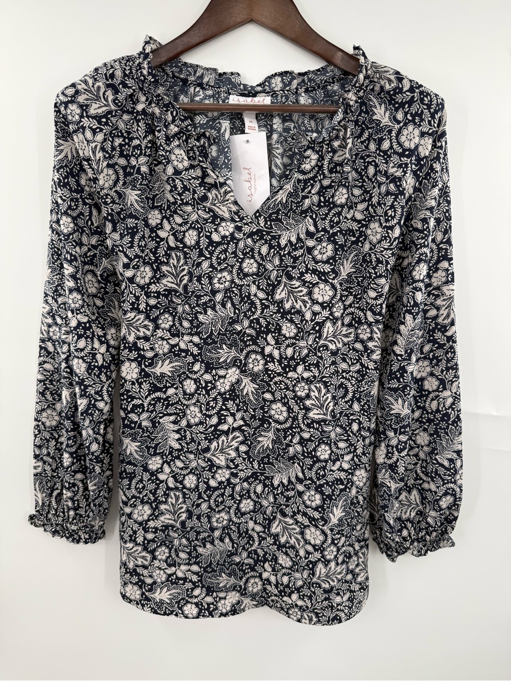 Isabel Maternity Ingrid Isabel Blouse M Navy Blue Floral Tie Waist Ruffle NWT